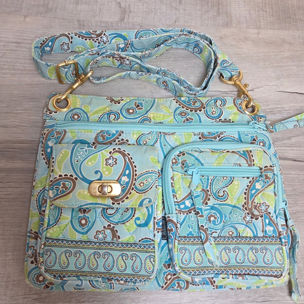 Maggie B Quilted Organizer Crossbody Bag Blue Paisley Multi Pocket Purse